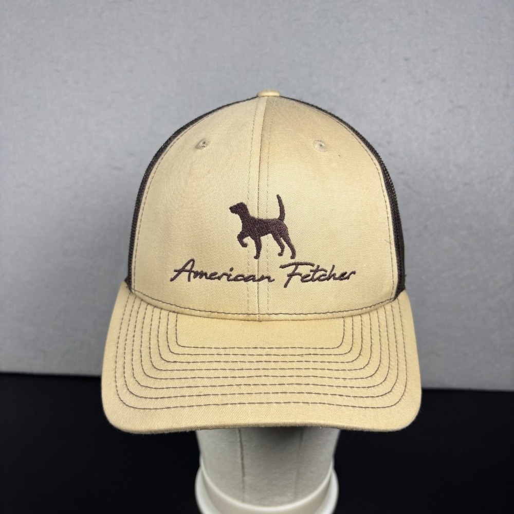 American Fetcher Hat Tan Brown Dog Logo Trucker Snapback Mesh Cap Adult OSFM